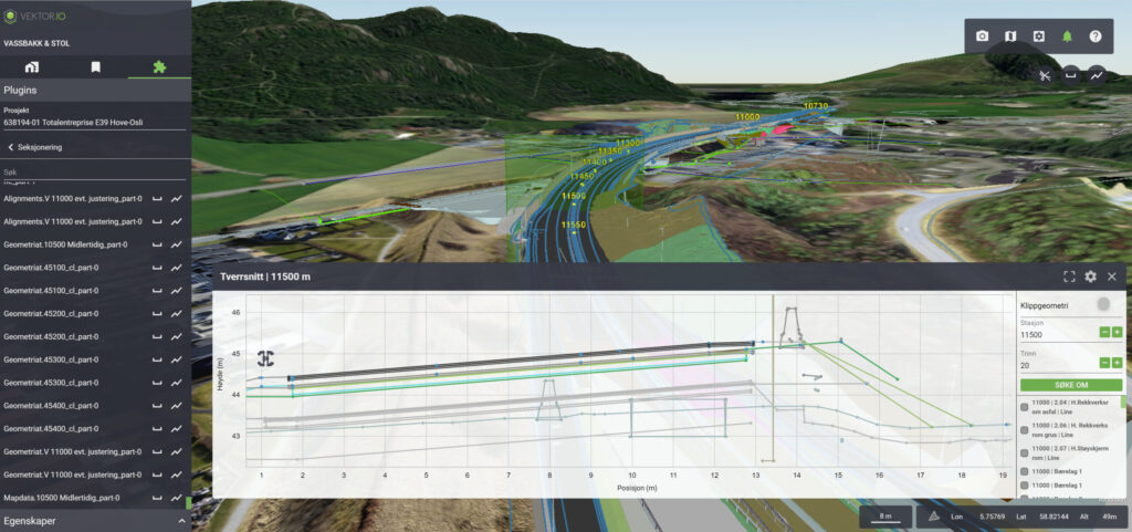 Hove-Osli E39 BIM and photogrammetry data combined in Vektor.io with cross-section tools