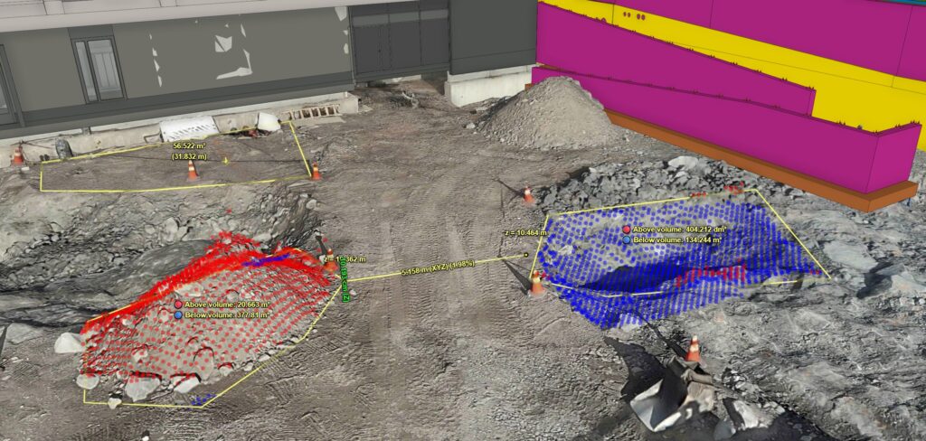 Measuring volumes, areas, and distances from photogrammetry data on site